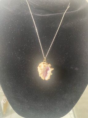 Gold Shell Pendant Necklace - Pink Accent